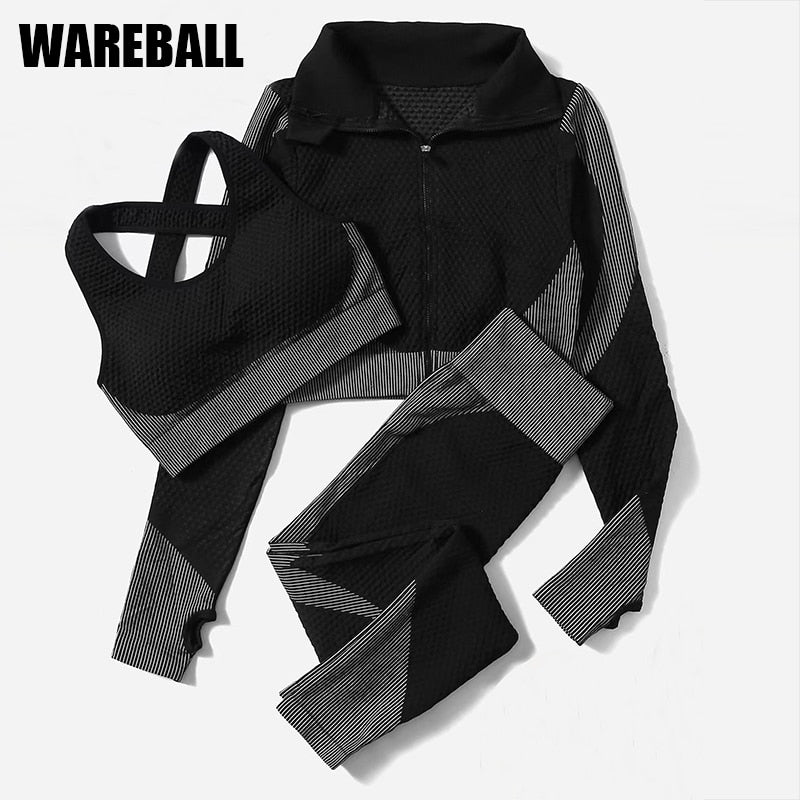 2/3Pcs Women Yoga Suit Seamless Knitted Yoga Pants Leggings Clothing Zipper Long Sleeve Crop Top Fitness Wear Sportswear Gym Set