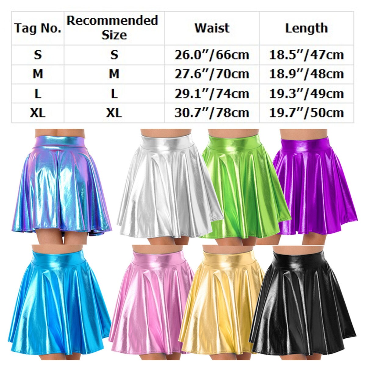 Metallic Shiny Pleated Skirts Womens High Waist Shiny Holographic Flared Rave Dance Bottoms Clubwear Mini Party Skater Skirt