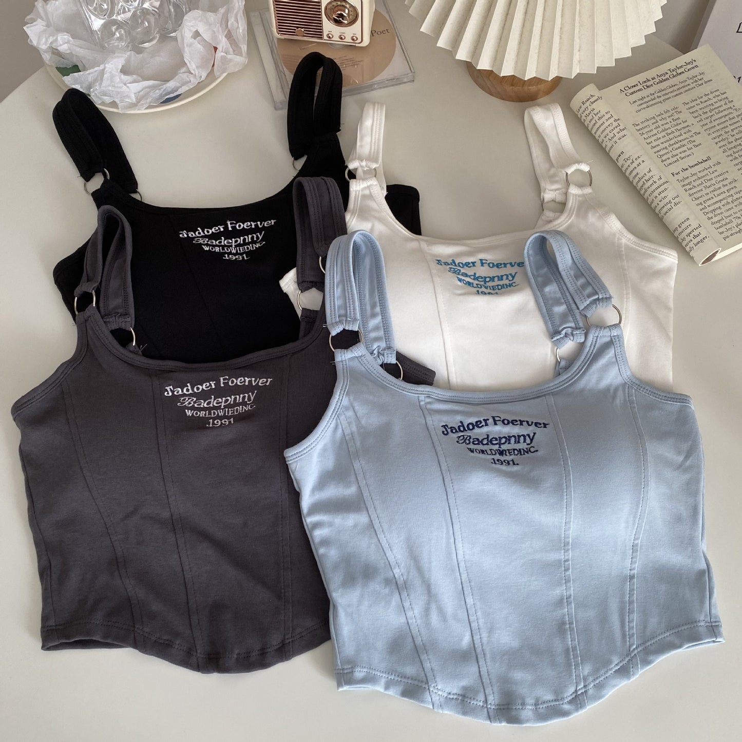 Women Sleeveless Crop Top Tank Tops Sexy Vest Letters Y2K Solid Color Short Women's T-shirt Camisole Crop Top With Bra Pad