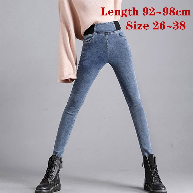 Oversize 38 Elastic High Waist Skinny Jeans Women Spring Slim Stretch Denim Pants Vintage Pencil Vaqueros Mom Pantalones Mujer