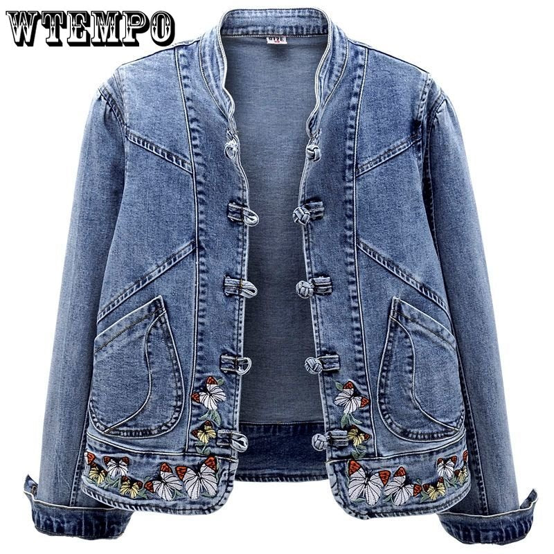 Short Denim Jacket Vintage Chinoiserie Embroidered Stretch Jacket Women's Spring and Autumn All Match Fashion Harajuku Slim Tops