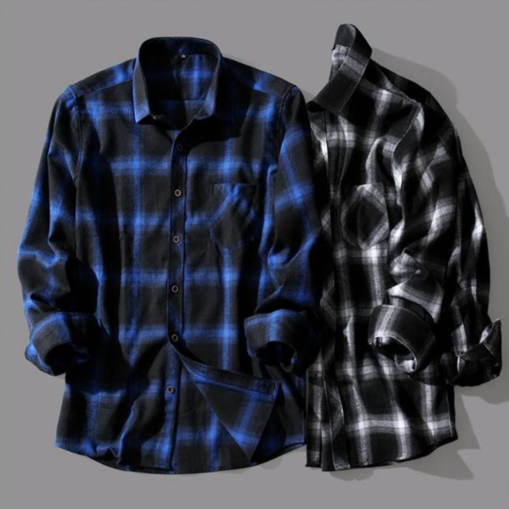 Chic Men Spring Shirt Plaid Print Soft Men Autumn Shirt Cardigan Wear-resistant Spring Shirt
