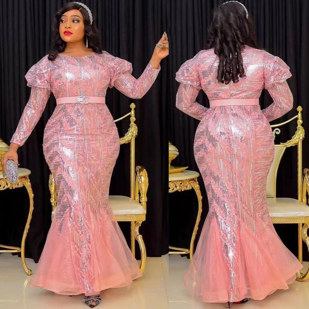 MD African Dresses For Women 2023 Wedding Party Evening Mermaid Dress Dubai Turkey Plus Size Robe Luxury Sequin Clothing Boubou