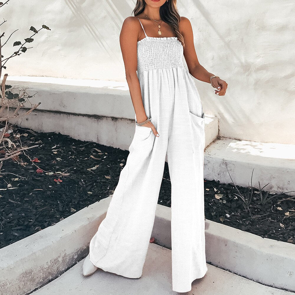 2022 Summer Jumpsuit Women High Waist Rompers Casual Loose Wide Leg Pants Casual Pocket Ladies Jumsuits For Women Playsuit