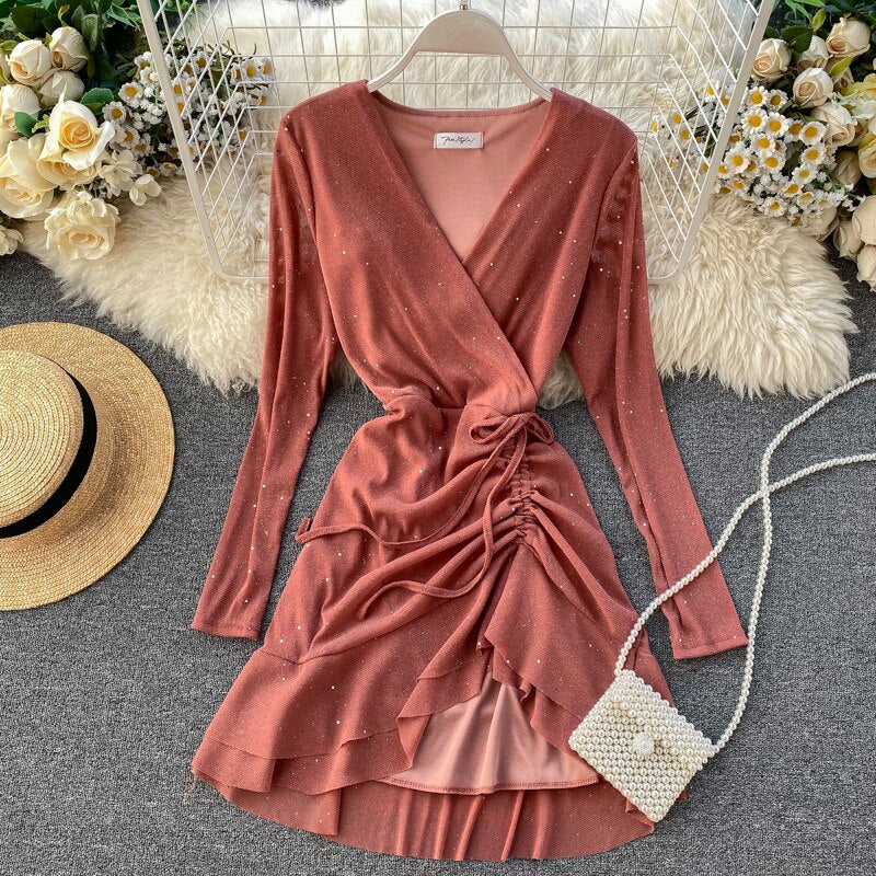 FTLZZ New Women's Dresses Spring Long Sleeve V-neck Elegant Dresses Casual Asymmetrical Ruffle Mini Dress Party Dress