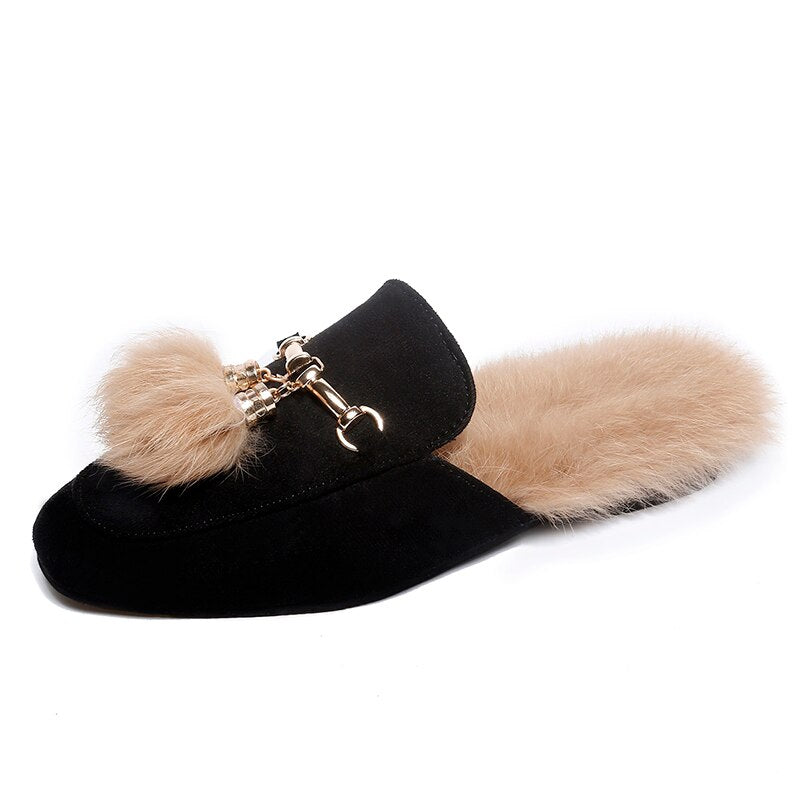 LazySeal Fur Women Slides Ladies Black Outdoor Female Shoes Slides Summer Winter 100% Real Rabbit Hair Designer Spring Footwear