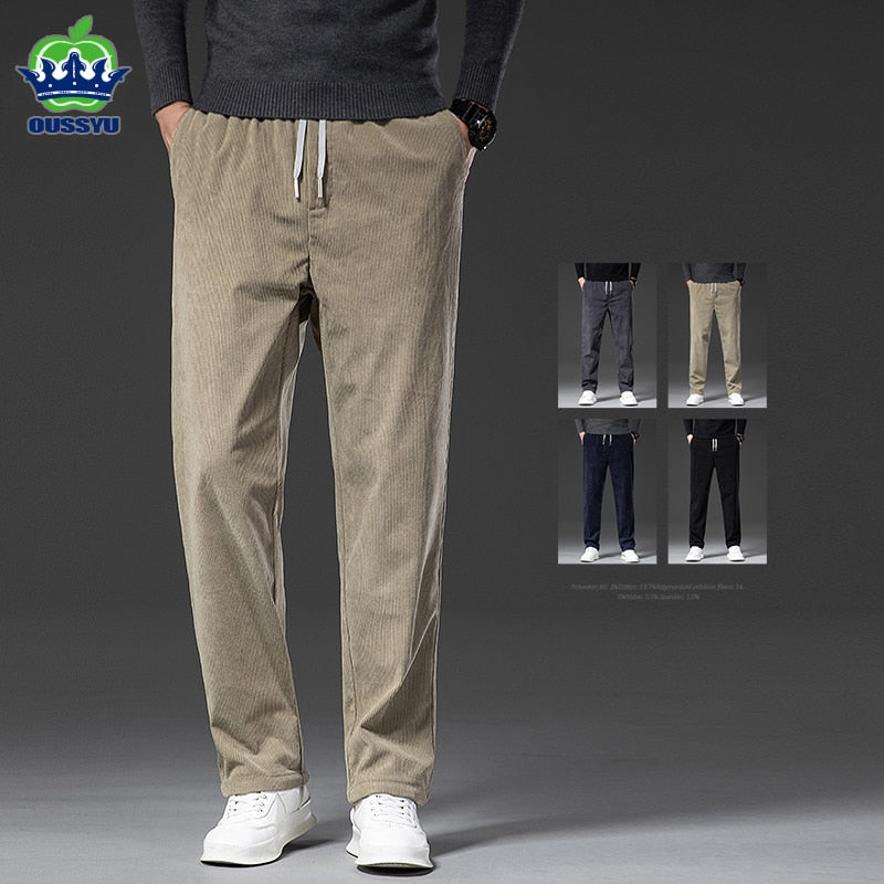 Spring Autumn Men's Corduroy Casual Pants Elastic Waist Business Fashion Straight Loose Trousers Male Black Khaki Blue M-5XL