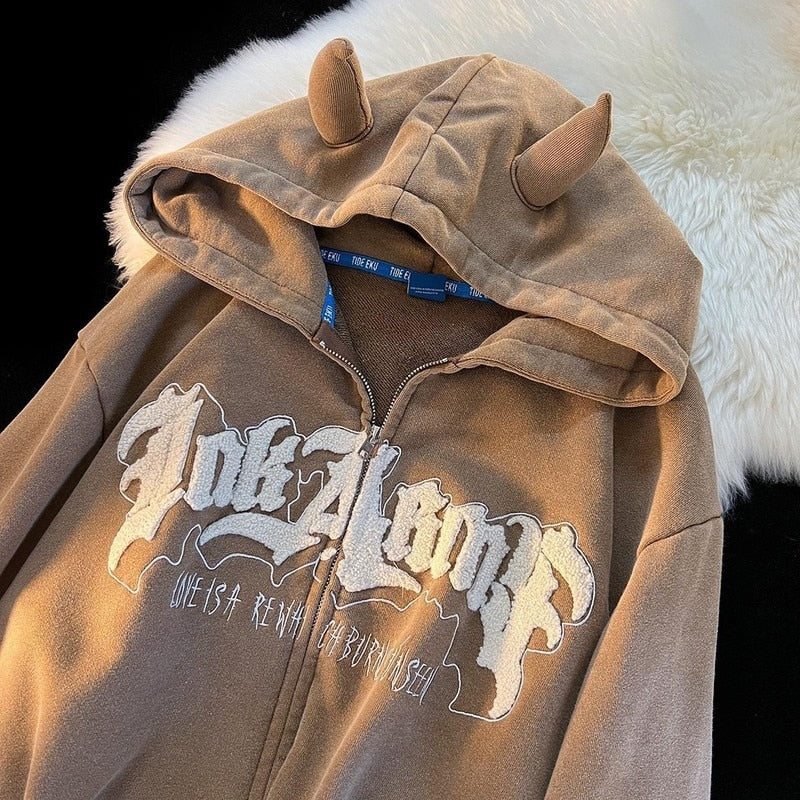 Harajuku Angel Ears Hoodies Women Retro Oversize Zipper Letter Embroidery Sweatshirts Autumn Y2K Long Sleeve Hooded Jackets Tops