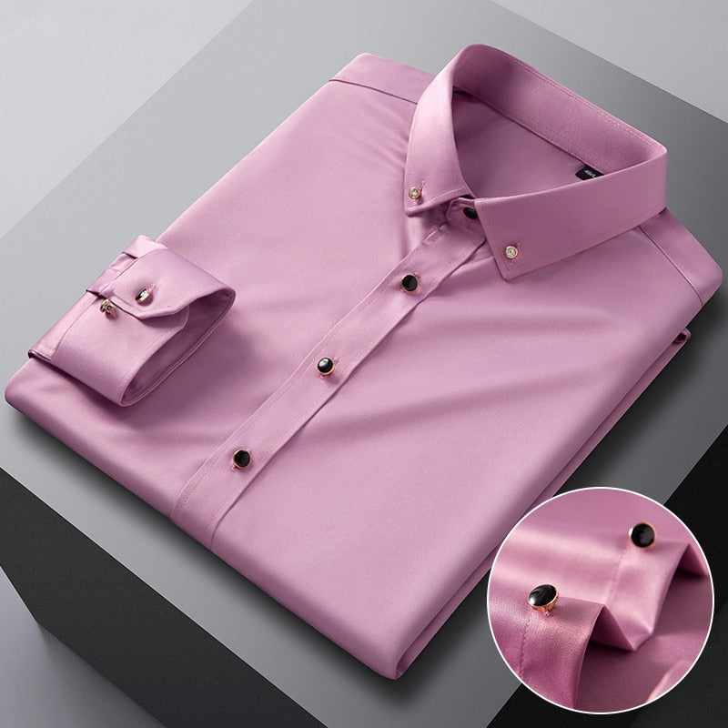 Men's Silk Shirts Long Sleeve Drill Button Solid Color 3XL Silky Business Formal Social No Iron and Wrinkle Soft Fashion Clothes