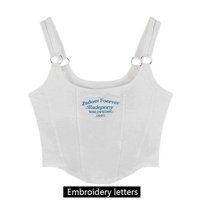 Women Sleeveless Crop Top Tank Tops Sexy Vest Letters Y2K Solid Color Short Women's T-shirt Camisole Crop Top With Bra Pad