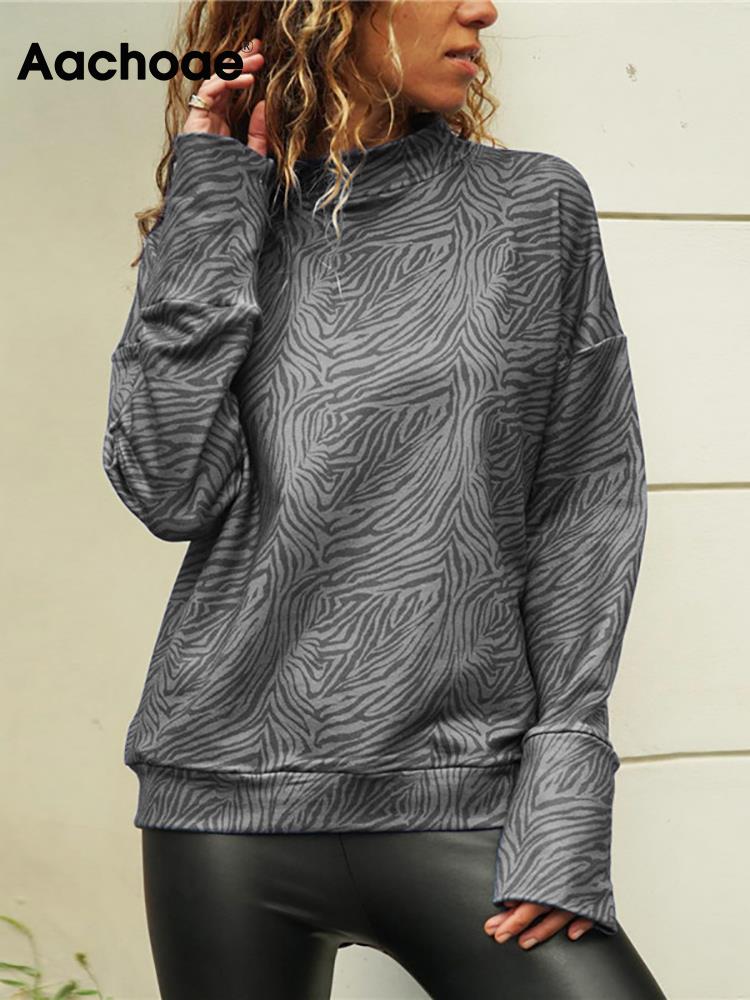 Aachoae 2022 Zebra Print Womens Tops And Blouses Casual Knitted Shirt Stand Collar Long Sleeve Ladies Blouse Top Blusa Mujer