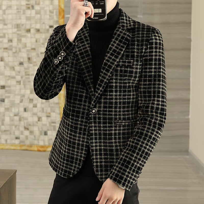 Men's Blazer Autumn Winter New Crystal Velvet Thickened Suit Jacket Men's Young Handsome Plaid Coat Business Casual Men Clothing
