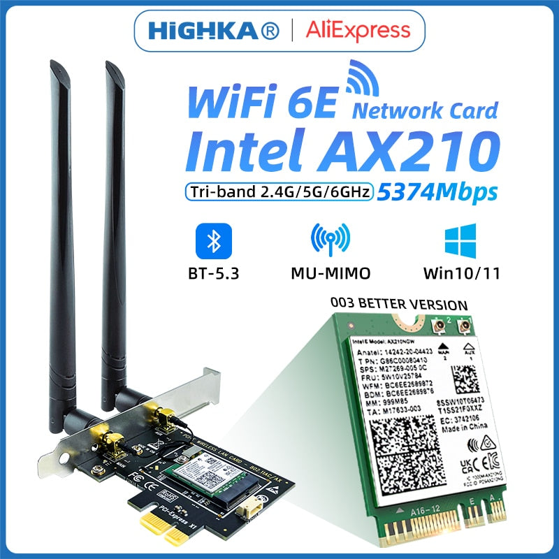 WiFi 6E Ax210 PCI Express Network Card Intel AX210NGW Bluetooth 5.3 Tri Band 2.4G/5G/6Ghz Wi-Fi 5 AC8265 Wireless Adapter for PC