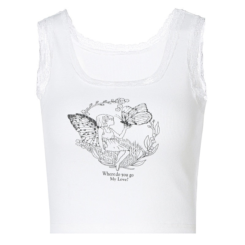 PixieKiki Cartoon Printed Lace Trim White Crop Top Fairy Grunge Summer Clothes for Women Cute Slim Fit Ribbed Tank Tops P95-BC12