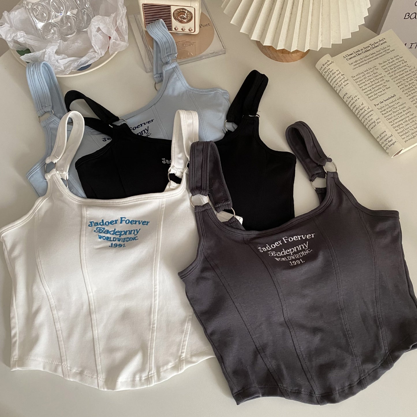 Women Sleeveless Crop Top Tank Tops Sexy Vest Letters Y2K Solid Color Short Women's T-shirt Camisole Crop Top With Bra Pad