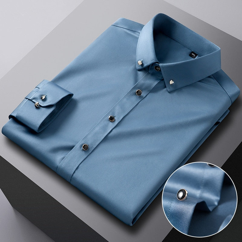 Men's Silk Shirts Long Sleeve Drill Button Solid Color 3XL Silky Business Formal Social No Iron and Wrinkle Soft Fashion Clothes