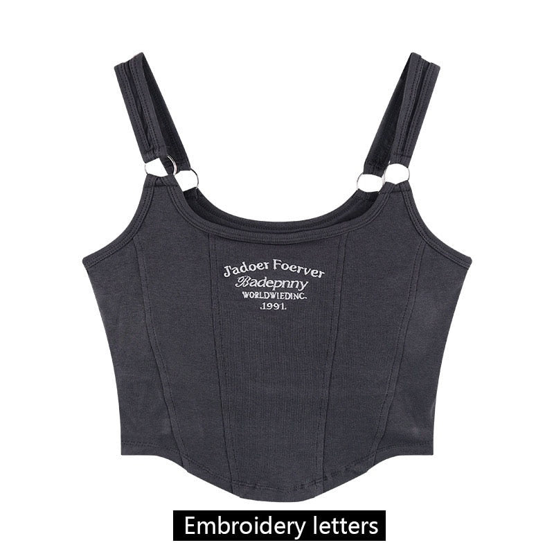 Women Sleeveless Crop Top Tank Tops Sexy Vest Letters Y2K Solid Color Short Women's T-shirt Camisole Crop Top With Bra Pad