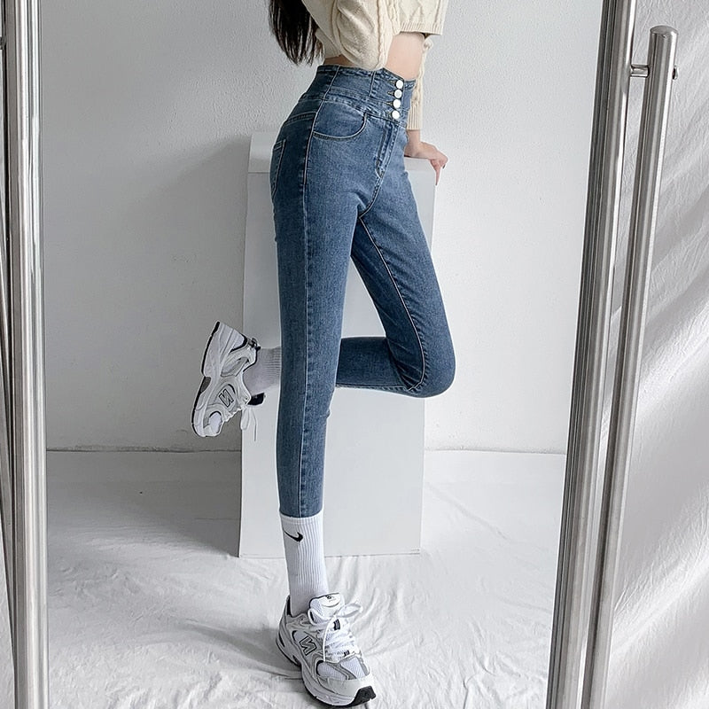 ZOENOVA Skinny Pencil Jeans Four Buttons Vintage High Waist Women Slim Stretch Denim Pants Tight Trousers 2022 Women's Pants