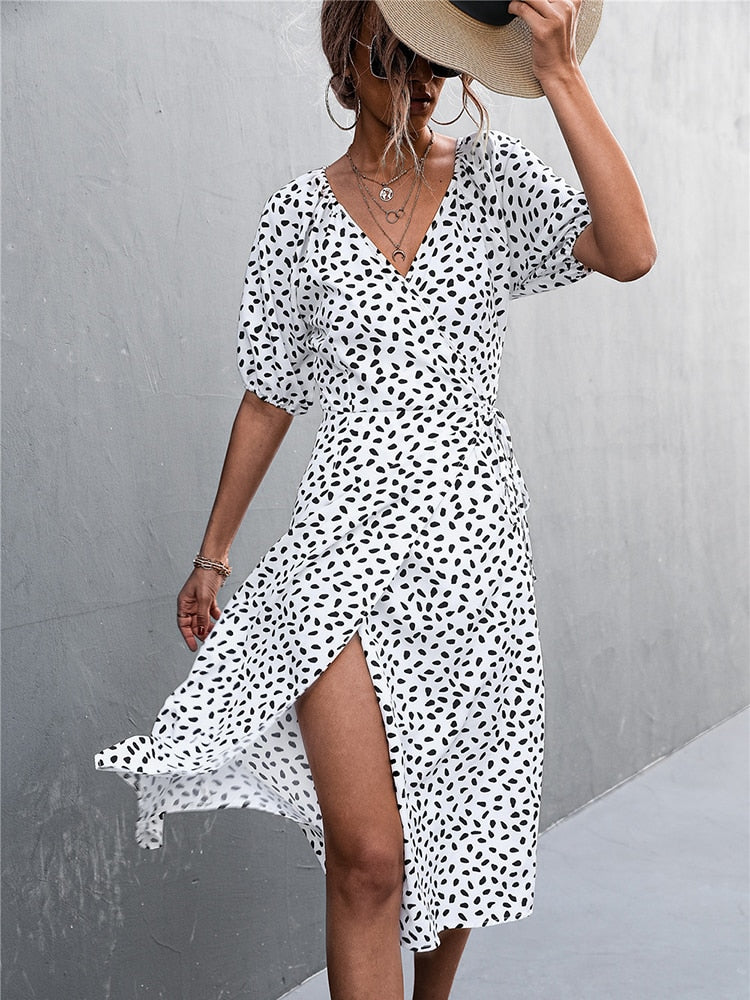 Casual Women Chiffon Dress V Neck Side Wrap Midi Dress Summer Polka Dot Dress Female Puff Sleeve Boho Fashion A-line Split Dress