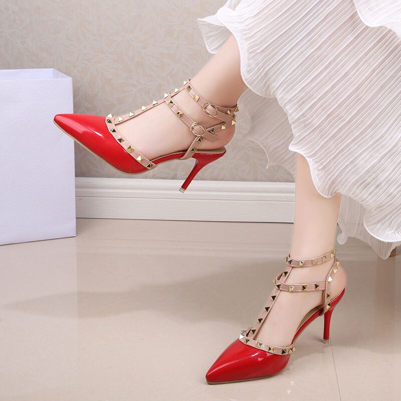 2023 Summer Women Fetish 8cm High Heels Rivets Studded Sandals Lady Sandles Stiletto Green Heels Gladiator Pumps Stripper Shoes