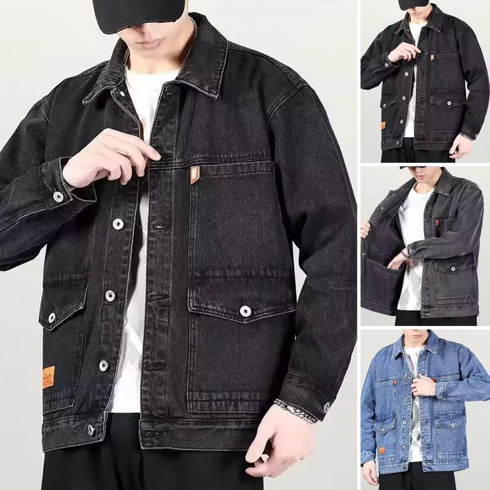 Trendy Spring Coat Buttons Autumn Jacket Long Sleeves Pure Color Autumn Denim Jacket Thermal