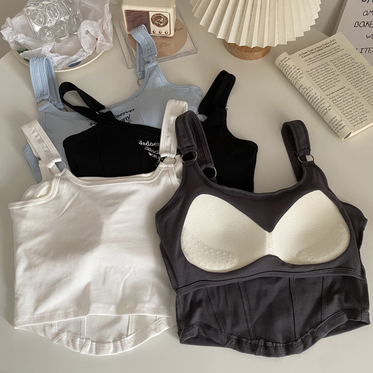 Women Sleeveless Crop Top Tank Tops Sexy Vest Letters Y2K Solid Color Short Women's T-shirt Camisole Crop Top With Bra Pad