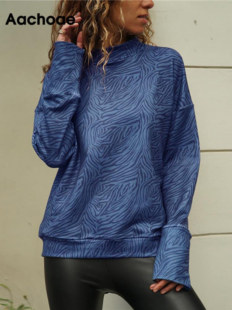 Aachoae 2022 Zebra Print Womens Tops And Blouses Casual Knitted Shirt Stand Collar Long Sleeve Ladies Blouse Top Blusa Mujer