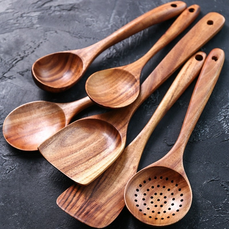 Teak Natural Wood Tableware Spoon Ladle Turner Rice Colander Soup Skimmer Cooking Spoon Scoop Kitchen Reusable Tool Kit