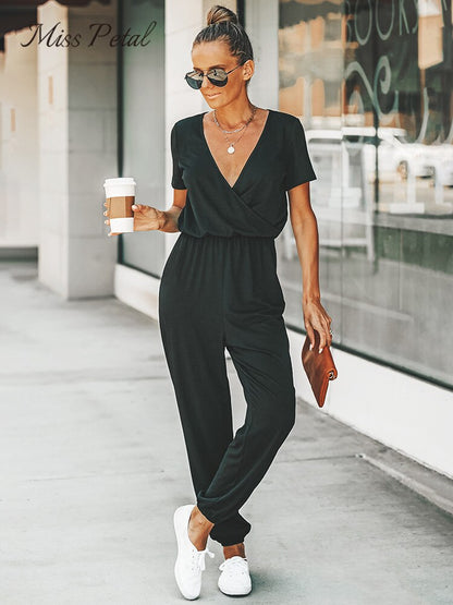 MISS PETAL V-neck Short Sleeve Jumpsuit For Woman Casual Long Jogger Pants Playsuit 2023 Summer Overalls Bodysuits Rompers