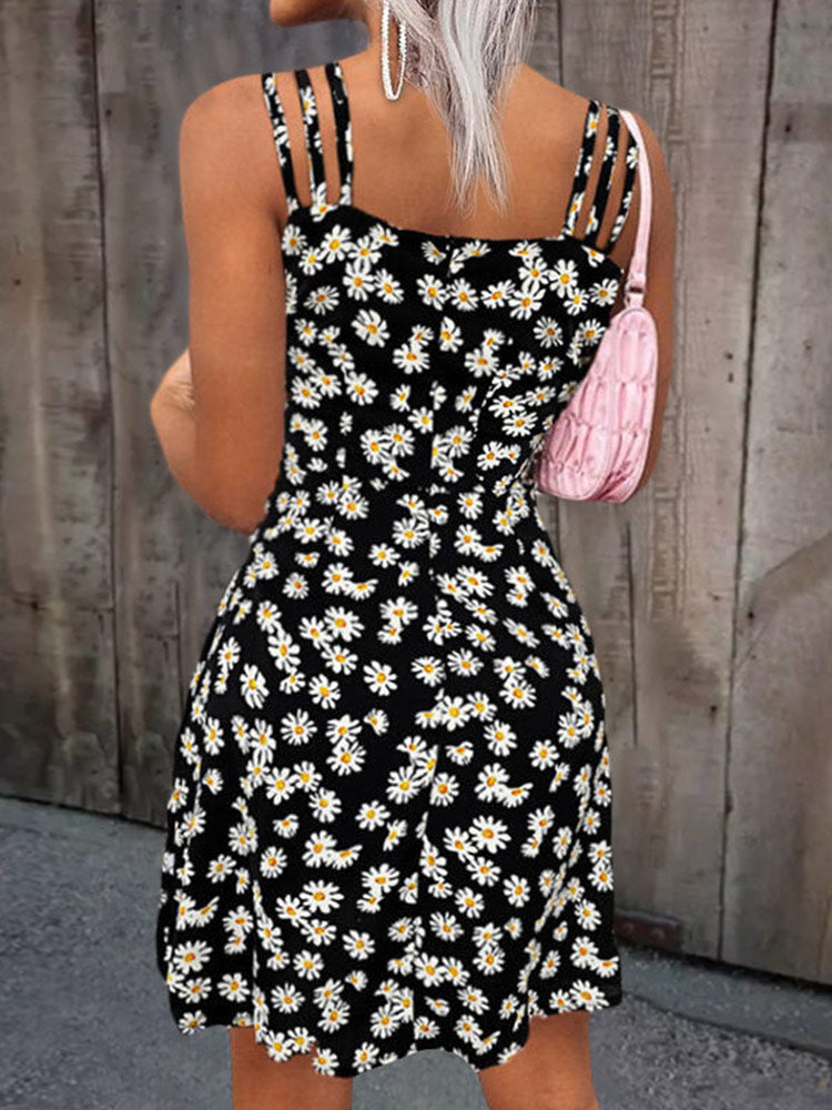 Women Summer Mini Dresses 2023 Vintage Floral Little Daisy Print Boho Beach Dress Sexy Sleeveless Sling A Line Loose Dress