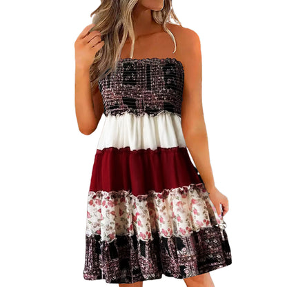 Women's Summer Floral Color Block Smocked Ruffled Strapless Bandeau Mini Dress Fashion Casual Striped Feamle Party Mini Dresses