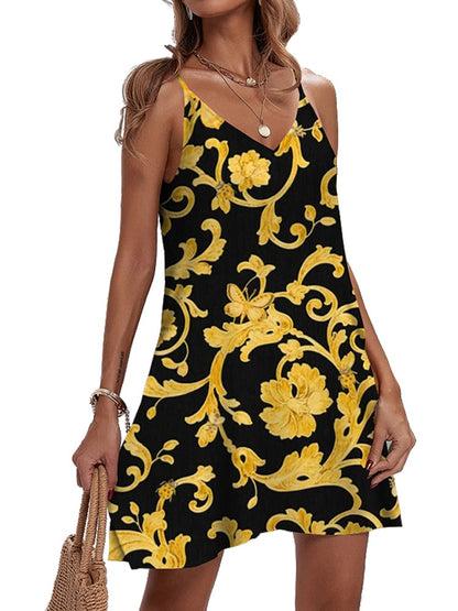 Women's Elegant Golden Pattern Spaghetti Strap Dress Sexy V-Neck Mini A-Line Dress Summer Fashion Party Beach Sundress Vestidos