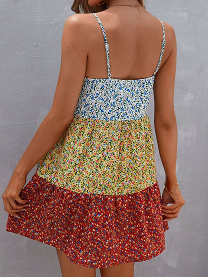 Women&#39;s Ditsy Floral Color Block Spaghetti Strap Ruffle Mini Dress  A Line Flare Cami Short Beach Dresses Summer Casual Sundress