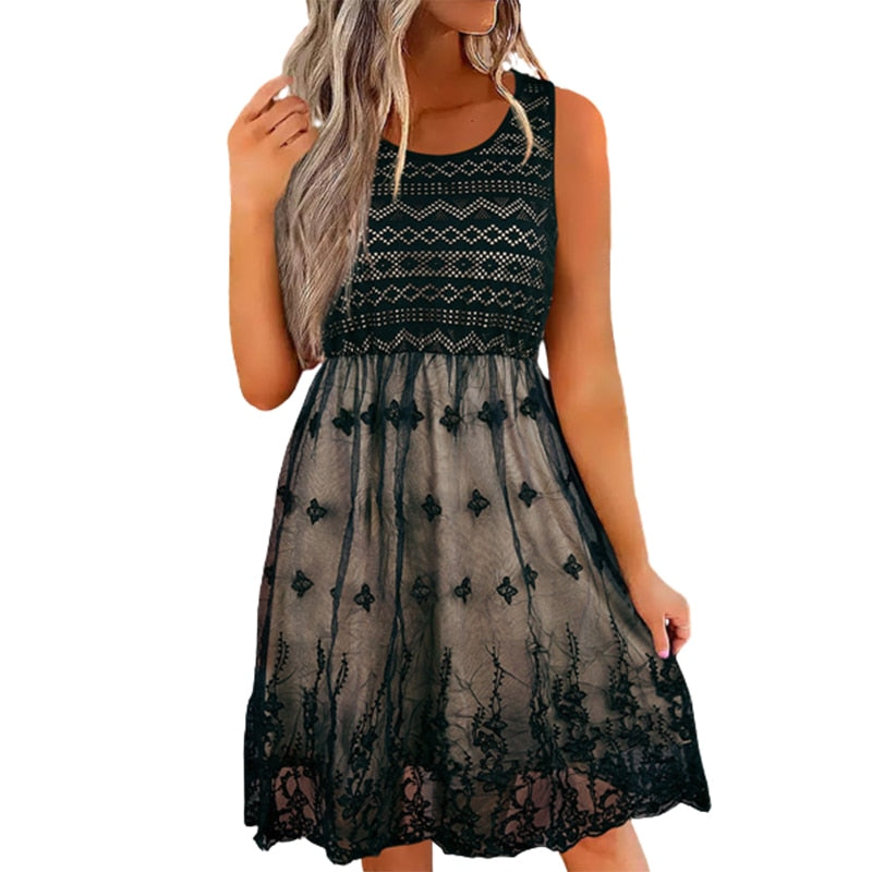 Women&#39;s Lace Skirt Geometric Print Patchwork Sundress Summer Casual Sleeveless Black Vintage Lace Gauze Mini Dress 2023 New
