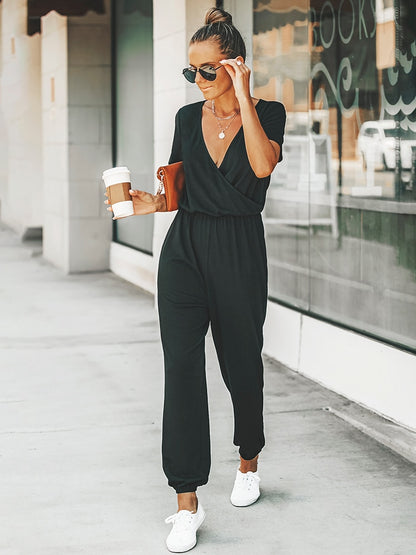 MISS PETAL V-neck Short Sleeve Jumpsuit For Woman Casual Long Jogger Pants Playsuit 2023 Summer Overalls Bodysuits Rompers