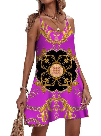 Women's Elegant Golden Pattern Spaghetti Strap Dress Sexy V-Neck Mini A-Line Dress Summer Fashion Party Beach Sundress Vestidos