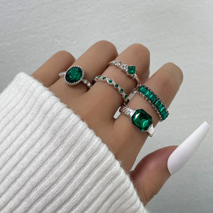 Aprilwell 5Pcs Green Crystal Rings Set for Women Gold Plated Vintage Aesthetic Geometric Luxury Anillos Lady Jewelry Gifts Bague