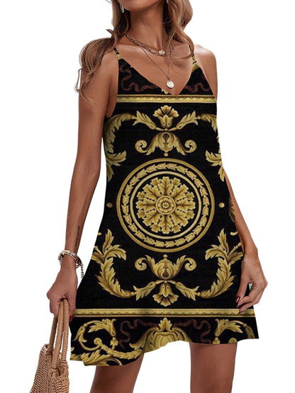 Women's Elegant Golden Pattern Spaghetti Strap Dress Sexy V-Neck Mini A-Line Dress Summer Fashion Party Beach Sundress Vestidos