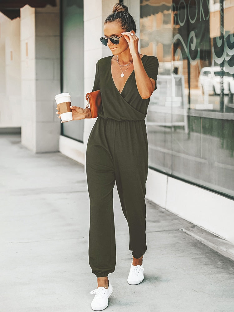 MISS PETAL V-neck Short Sleeve Jumpsuit For Woman Casual Long Jogger Pants Playsuit 2023 Summer Overalls Bodysuits Rompers