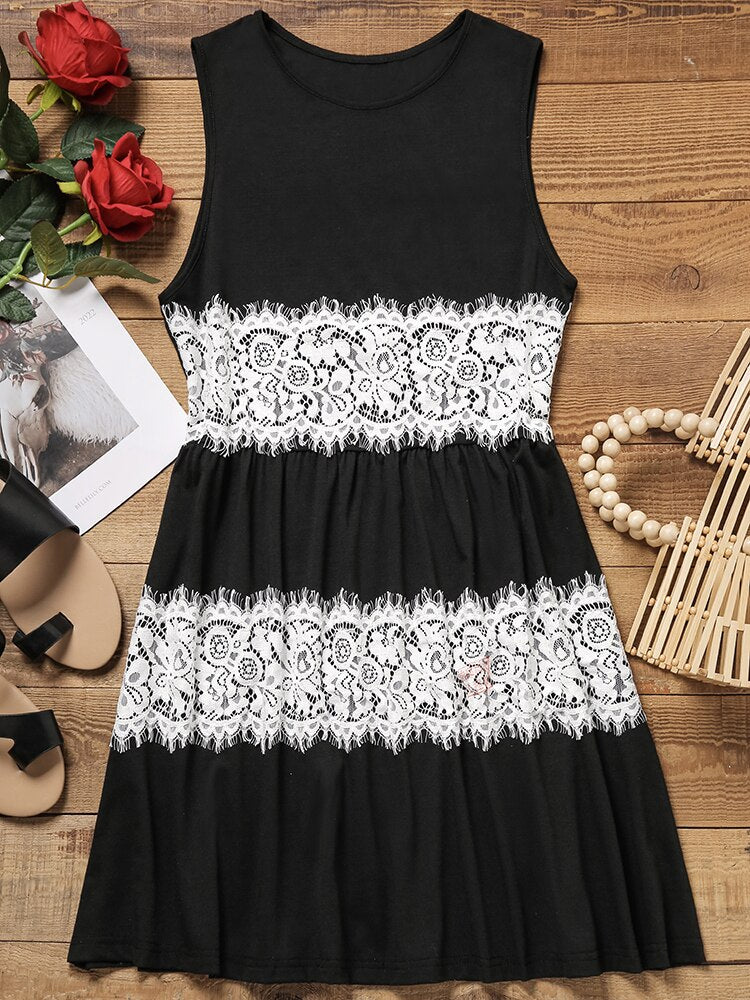 Women&#39;s Color Block Lace Patchwork Ruffled Mini Dress 2023 Casual Summer O-Neck Loose Fit Sleeveless Flowy Shift Dress New