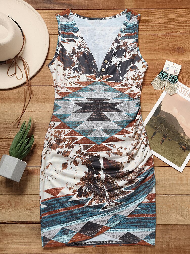 Women&#39;s 2023 Summer Casual Beach Dresses Aztec Geometric Button Bodycon Dress Wrap Mini Ruched Sleeveless Tank Dress Western