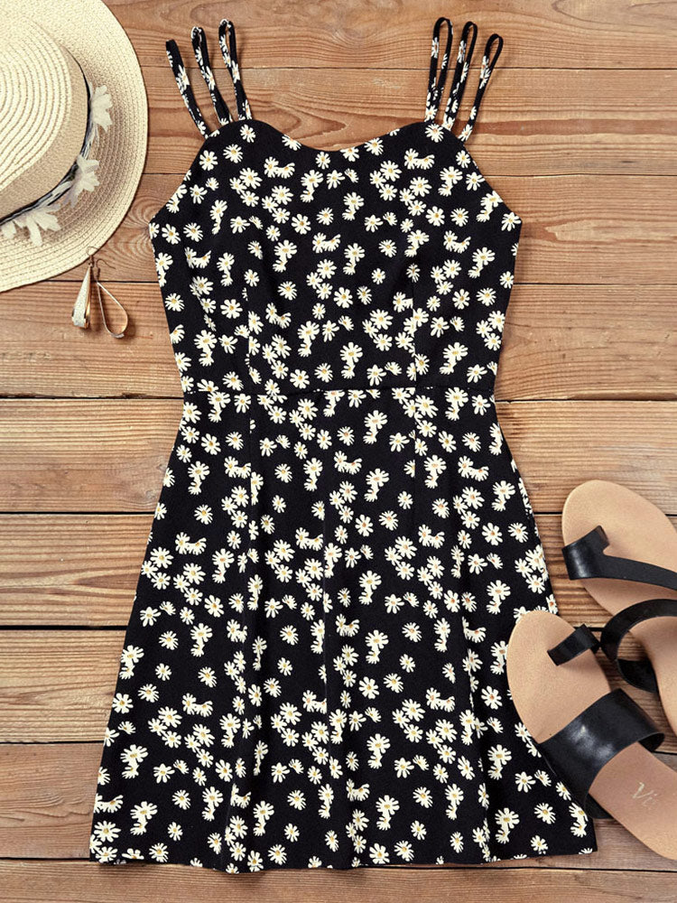 Women Summer Mini Dresses 2023 Vintage Floral Little Daisy Print Boho Beach Dress Sexy Sleeveless Sling A Line Loose Dress