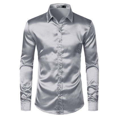 Royal Blue Silk Satin Shirt Men 2023 Luxury Brand New Slim Fit Mens Dress Shirts Wedding Party Casual Male Casual Shirt Chemise