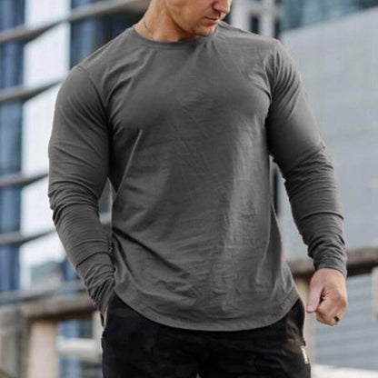Men Long Sleeve Tshirt Curved Hem Tshirt Bodybuilding Muscle Workout Fitness Shirt Solid Color Men Undershirt