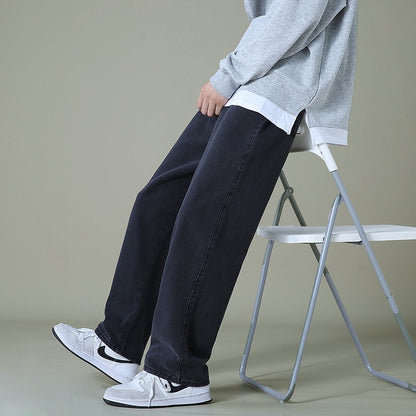 New Autumn Men Denim Wide-leg Pants Korean Style Straight Light Blue Baggy Jeans Elastic Waist Student Trousers Male Black Gray