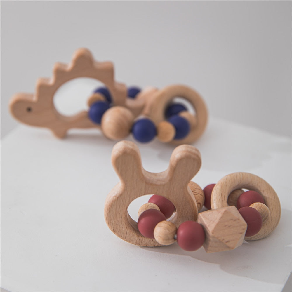 Wooden Toys Baby Animals Bracelets Beech Teether Silicone Beads Teething Wood Rattles Toys Infant Nursing Gift For Newborn