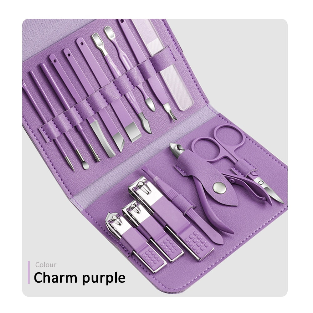 16pcs Manicure Set With PU Leather Case Nail Clippers Kit Pedicure Care Tools Nail Care Scissors Clippers Trimmer Nail Art Tools