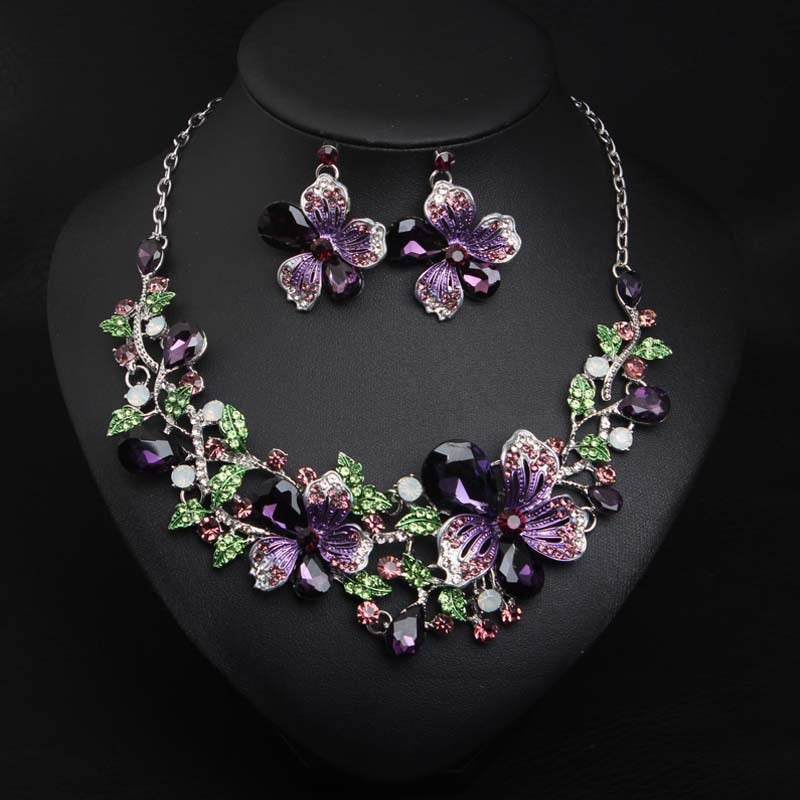 Fashion Multicolor Flower Necklace Earring Set Bridal Crystal Jewelry Sets Statement Choker Fashion Rhinestone Bib Wedding Party