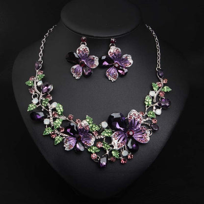 Fashion Multicolor Flower Necklace Earring Set Bridal Crystal Jewelry Sets Statement Choker Fashion Rhinestone Bib Wedding Party