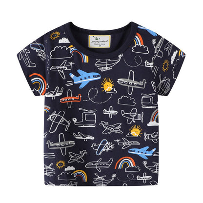 Jumping meters Boys Cartoon T shirts for Summer Children&#39;s Cotton Clothes Aircrafts Kids Tops Tees for Boys Girls Wear